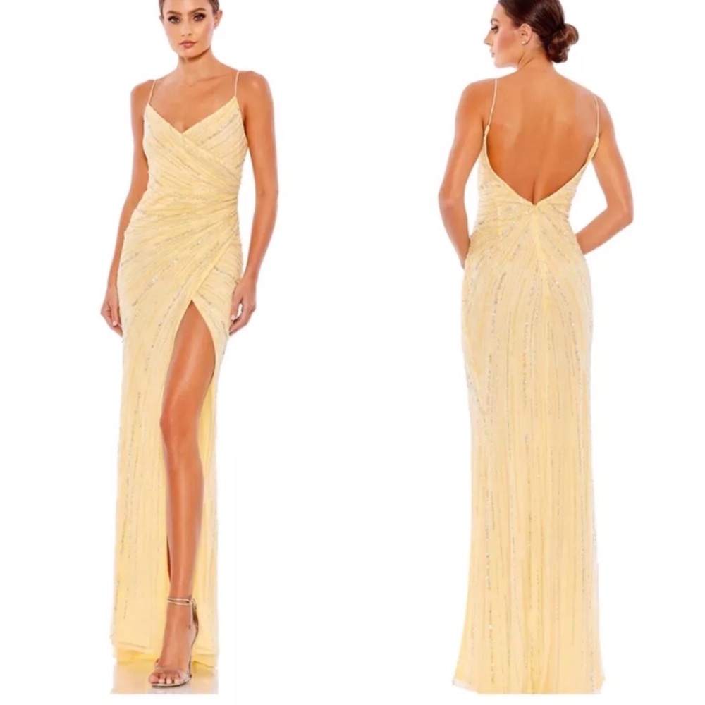 Mac Duggal beaded sequin detail yellow slit spaghetti strap gown dress